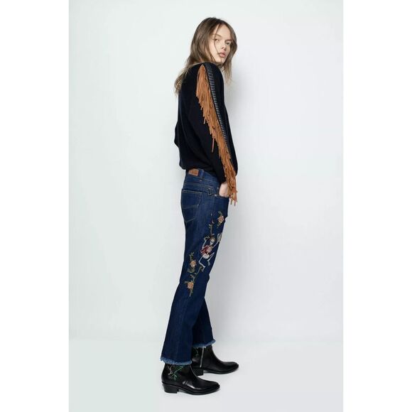Zadig & Voltaire Embroidered Skeleton Deluxe Jean Sz 25 Boyfit Denim Goth Spooky - Picture 1 of 16
